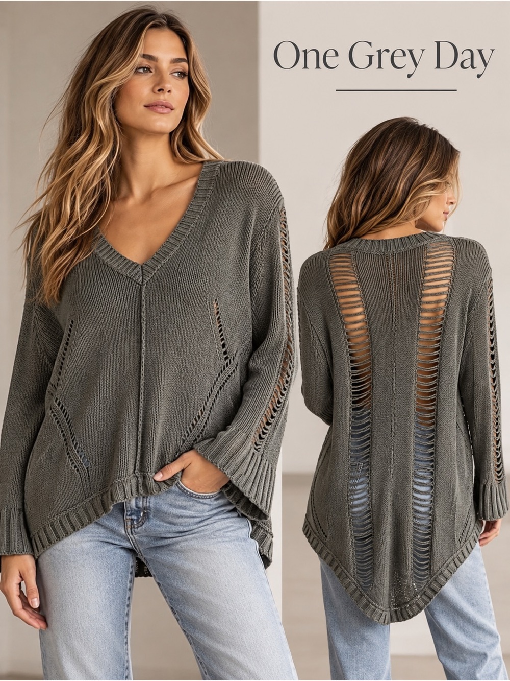 One Grey Day Gray V Neck Sweater Ladder Knit Open Back Asymmetrical M